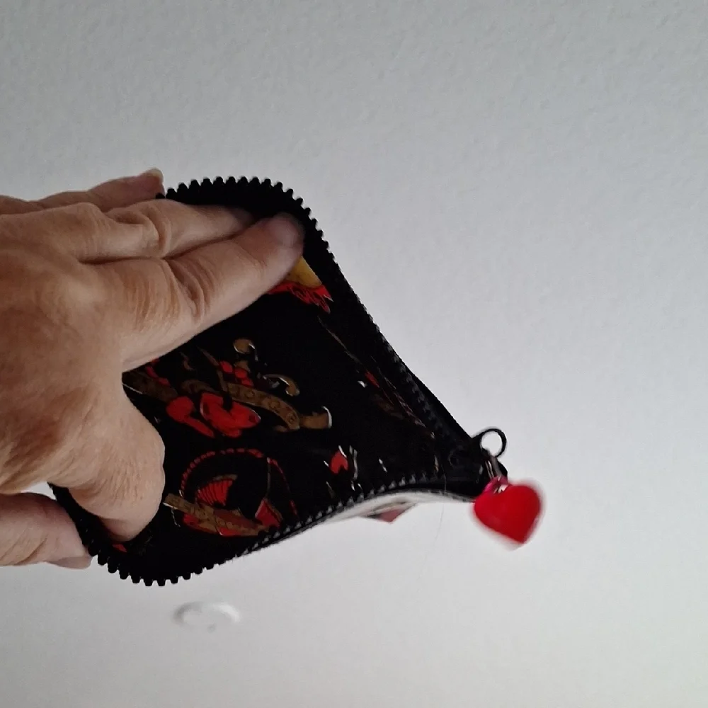 Black Tattoo Print Vinyl Cosmetic Pouch with Heart Charm